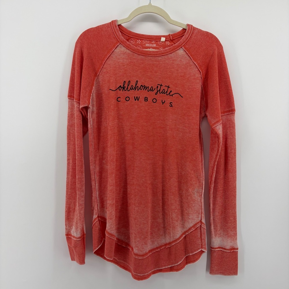 Three Square Womens Medium Orange Oklahoma State Cowboys Waffle Knit‎ Raglan Top
